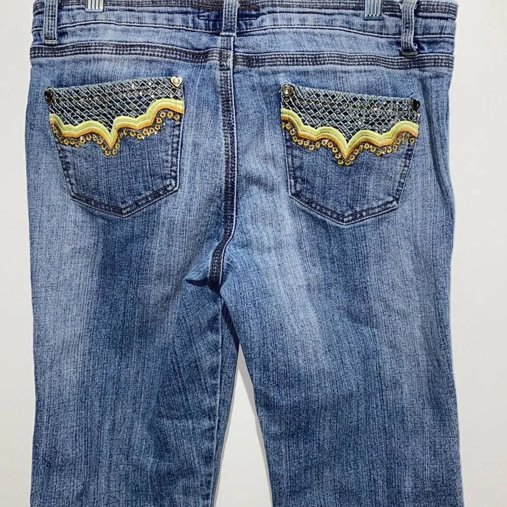 JouJou Womens Bootcut Jeans Medium Wash‎ Embroidered Heart Button Y2K Blue Denim